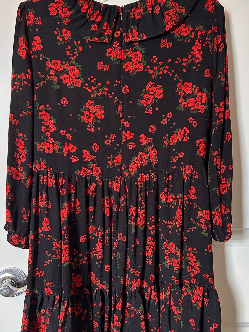 Zara Black Floral Tiered Long-Sleeve Dress with Red Rose Print (Never Worn!)